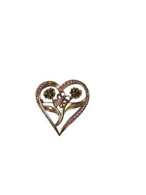 Vintage Gold Tone Pink Rhinestone Heart Rose Butterfly Brooch Pin